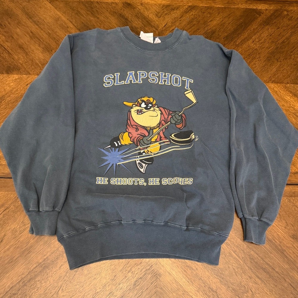 Vintage 1994 Looney Tunes Taz Slapshot Hockey Sweatshirt Blue Mens Medium USA